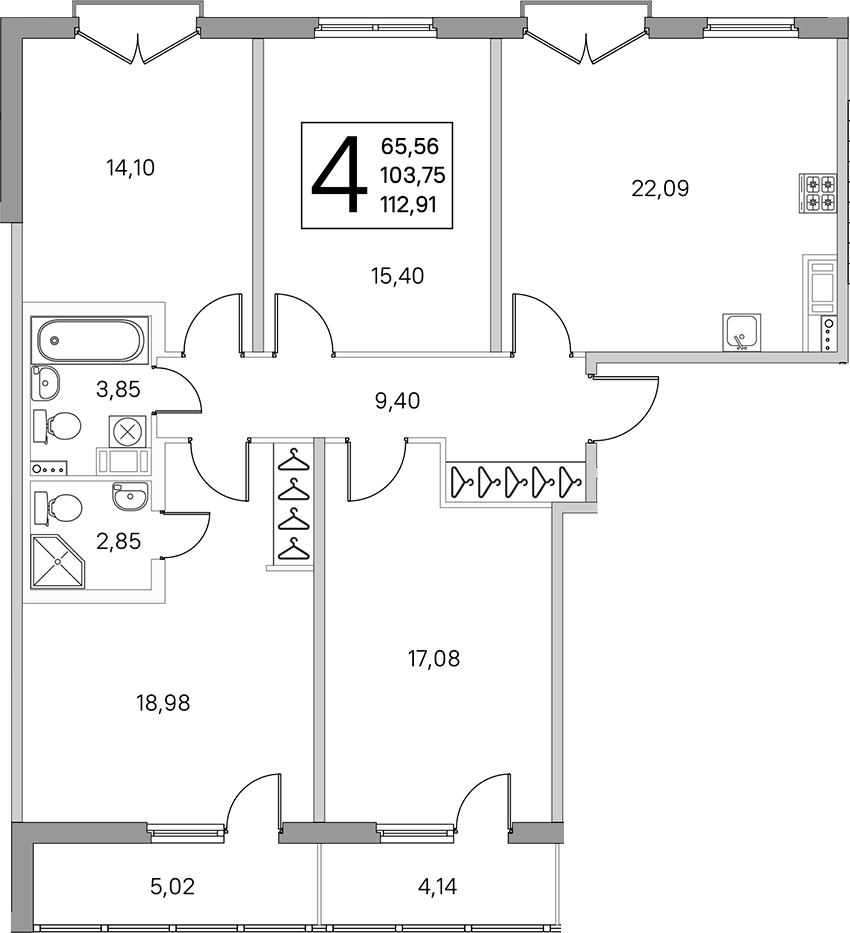 4-комнатная квартира 108.33 м², 4/4 эт., ЖК «Любоград в Стрельне»